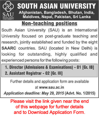 South Asian University New Delhi Jobs 2015 April Application Form Director & Assistant Registrar