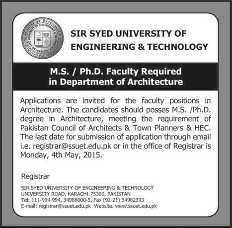 Sir Syed University of Engineering and Technology Karachi Jobs 2015 April Teaching Faculty of Architecture