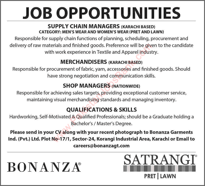 Bonanza Pakistan Jobs 2015 May Shop Managers, Supply Chain Managers & Merchandisers Latest