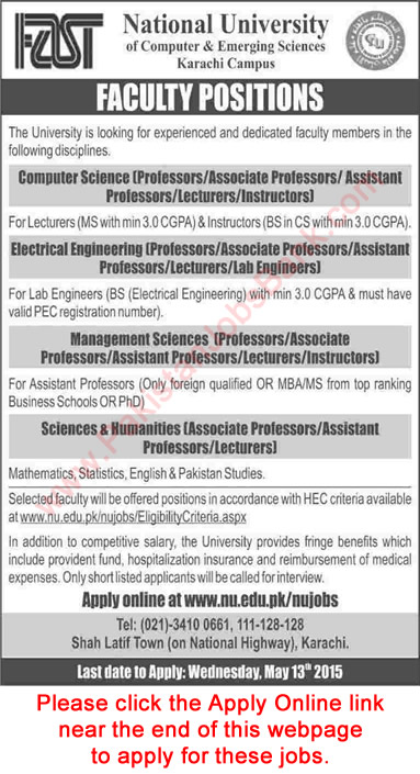 FAST National University Karachi Jobs 2015 May Apply Online for Teaching Faculty
