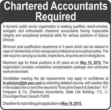 Chartered Accountant Jobs in Karachi 2015 May as Deputy Directors in Public Sector Organization Latest