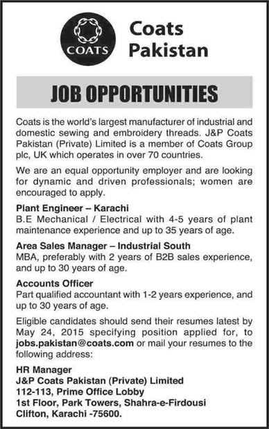 Coats Pakistan Jobs 2015 May for Mechanical / Electrical Engineer, Sales Manager & Accounts Officer
