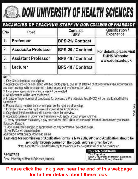 Dow College of Pharmacy Karachi Jobs 2015 May DUHS Application Form for Teaching Faculty