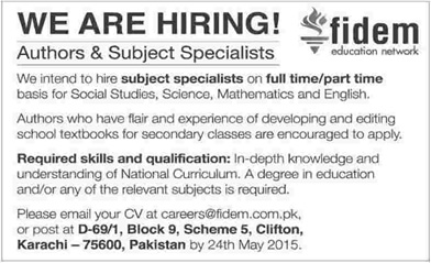 Authors & Subject Specialist Jobs in Karachi 2015 May at Fidem Education Network Latest
