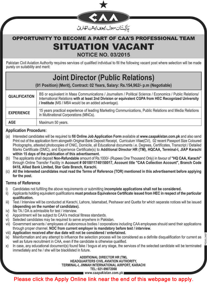Joint Director Public Relations Jobs in Pakistan Civil Aviation Authority Karachi 2015 May Apply Online