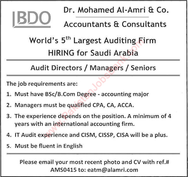 Accounting Jobs in Saudi Arabia 2015 May for Pakistanis through Dr. Mohamed Al-Amri & Co
