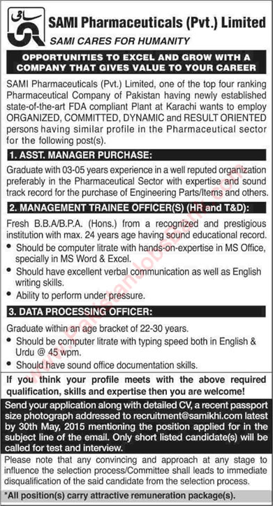 Jobs in Sami Pharmaceuticals Karachi 2015 May Management Trainees, Purchase Manager & Data Processing Officer