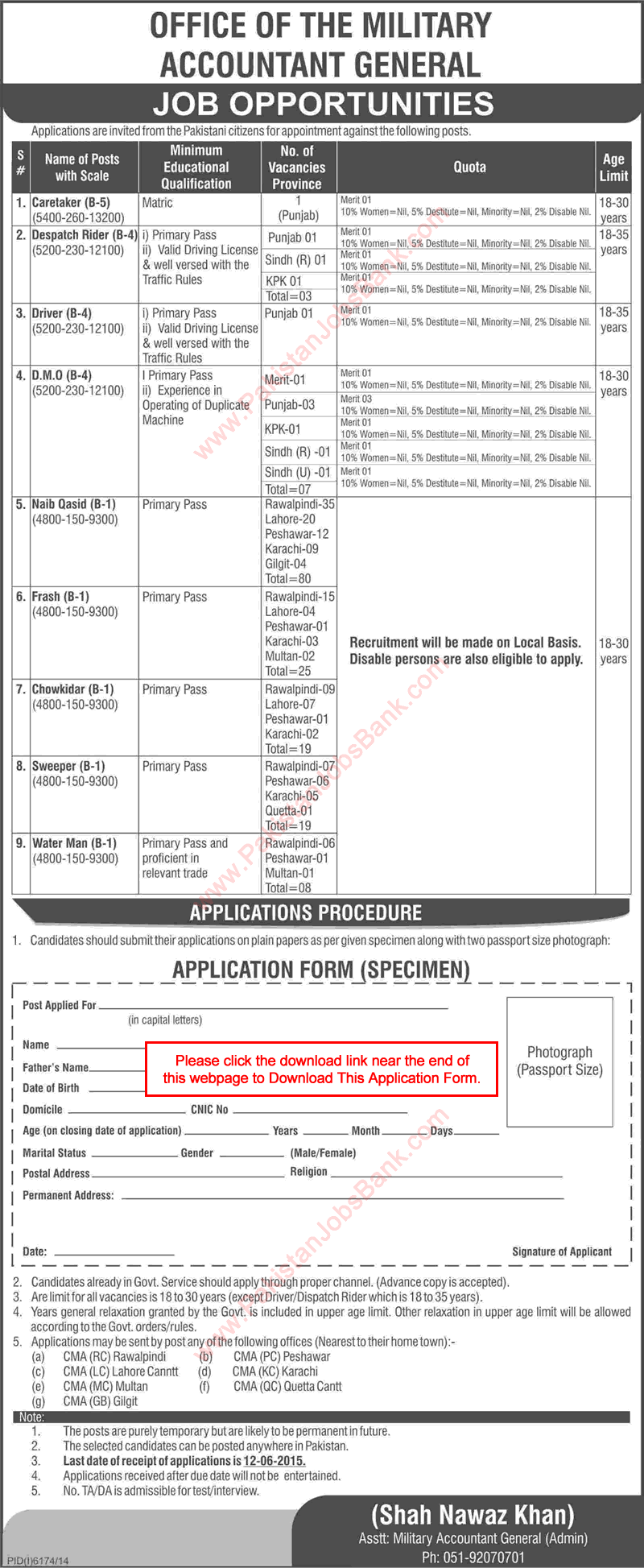 Jobs Opportunities in Military Accountant General 2015 May Application Form Download Pakistan