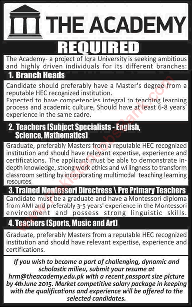 Iqra University - the Academy Jobs 2015 May Teaching Faculty and Branch Heads Latest