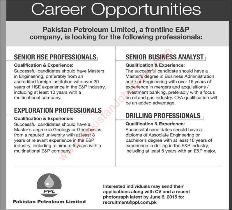 Pakistan Petroleum Limited Careers 2015 May HSE / Exploration / Drilling Engineers & Business Analyst