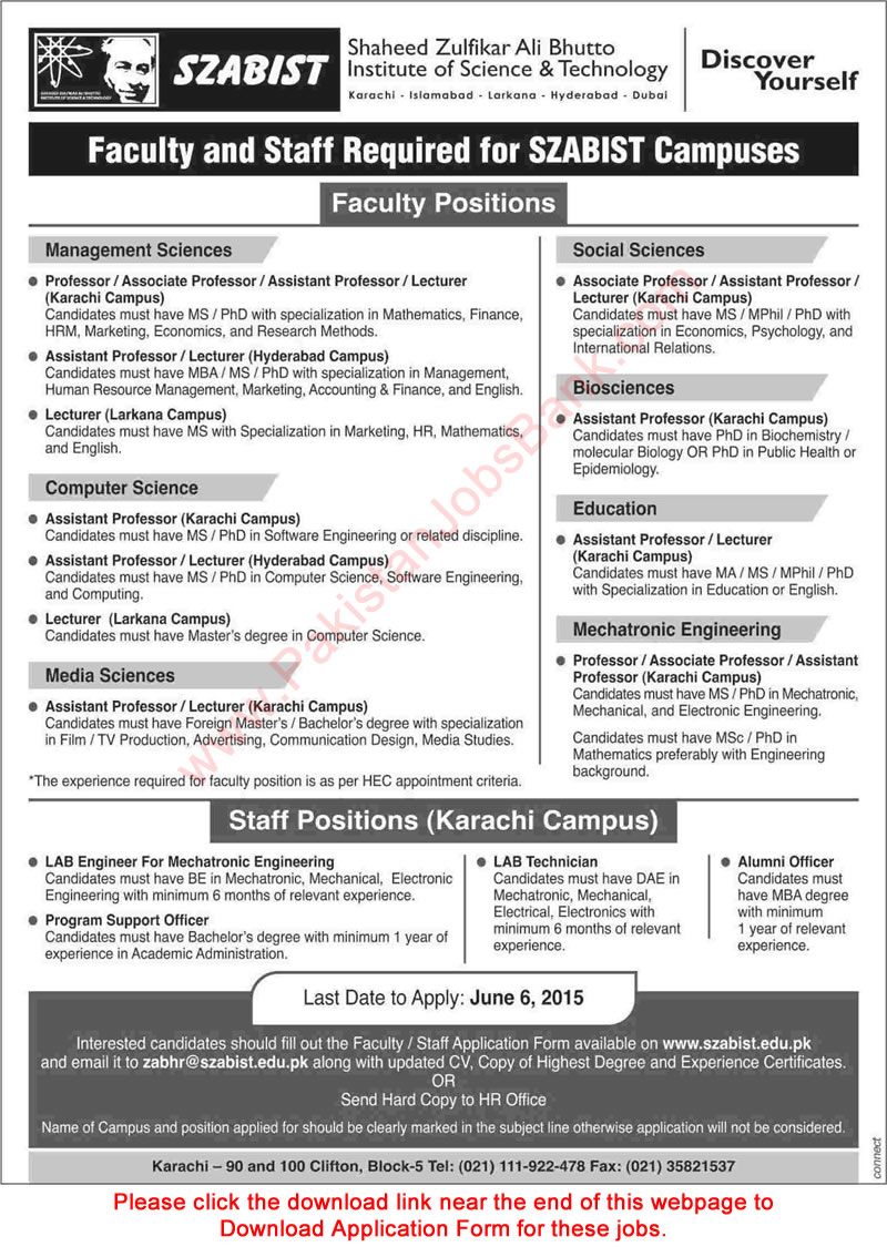 SZABIST Vacancies in Karachi / Hyderabad / Larkana 2015 May Application Form Faculty & Non-Teaching Staff