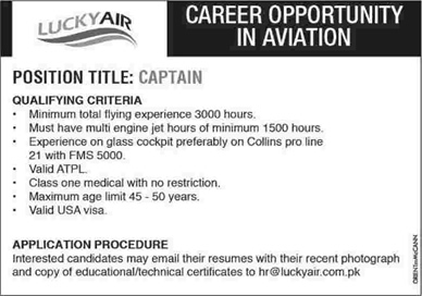 Captain / Pilot Jobs in Lucky Air Pakistan 2015 May Latest