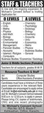 St. Michael Convent School Karachi Jobs 2015 May Admin Staff  & Teaching Faculty Latest