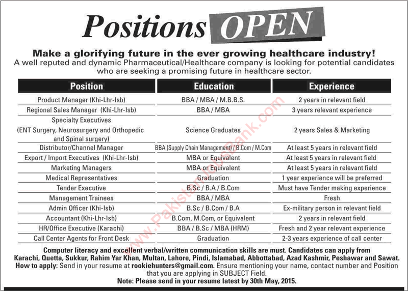 Pharmaceutical / Healthcare Jobs in Pakistan 2015 May Administrative, Sales Staff & Management Trainees