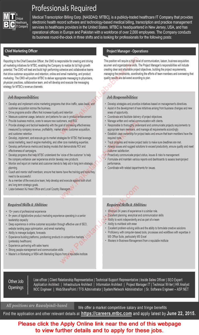 MTBC Rawalpindi Careers 2015 June Apply Online Chief Marketing Officer & Project Manager Operations