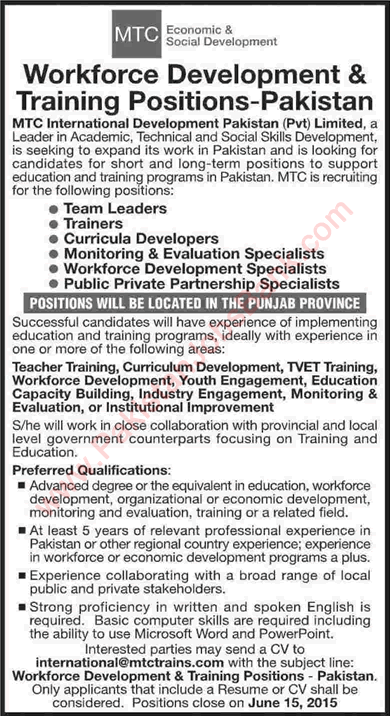 MTC International Development Pakistan Jobs 2015 June Workforce Development & Training Positions