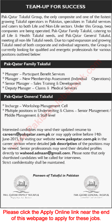 Pak-Qatar Takaful Jobs 2015 June for Managers & Staff Position Latest