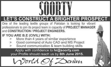 Civil Engineering Jobs in Soorty Karachi 2015 June as Project Manager & Construction / Project Engineers