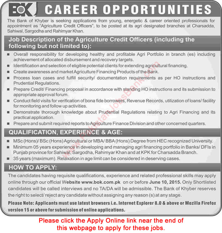 Agriculture Credit Officer Jobs in Bank of Khyber 2015 June Apply Online Latest