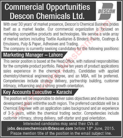 Descon Chemicals Jobs 2015 June Karachi / Lahore Marketing Manager & Key Accounts Executive