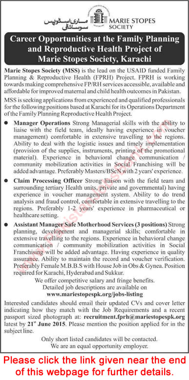 Marie Stopes Society Karachi Jobs 2015 June Operations Manager, Claim Processing Officer & Others
