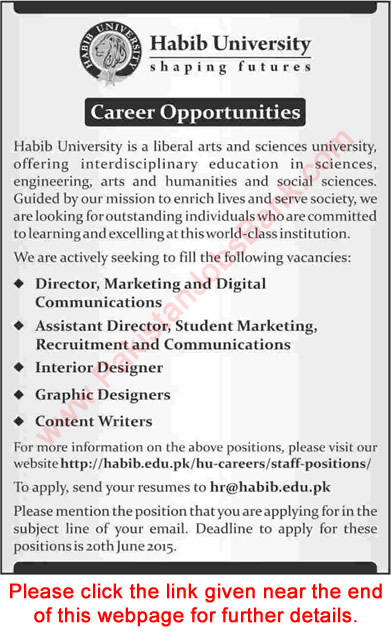 Habib University Karachi Jobs 2015 June Graphic / Interior Designer, Content Writer & Others Latest