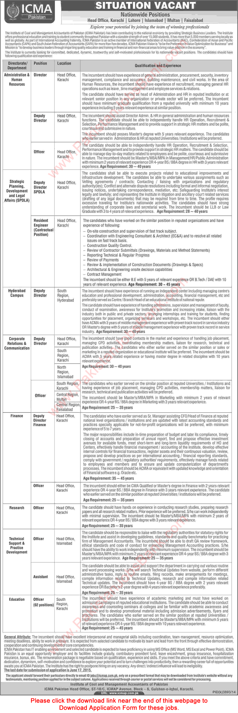 ICMA Pakistan Jobs 2015 June Application Form Download Institute of Cost & Management Accountants