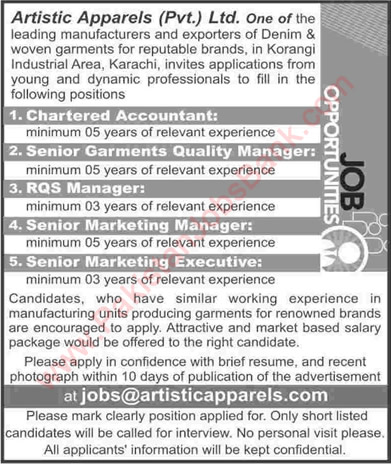 Artistic Apparels Pvt Ltd Karachi Jobs 2015 June Chartered Accountant & Quality / RQS / Marketing Managers