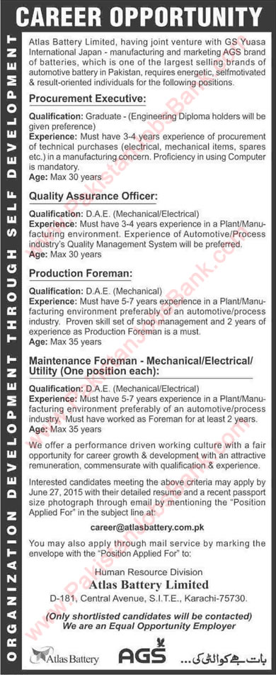 Atlas Battery Karachi Jobs 2015 June Electrical / Mechanical Engineers & Procurement Executive