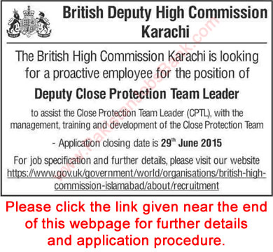 British Deputy High Commission Karachi Jobs June 2015 for Deputy Close Protection Team Leader