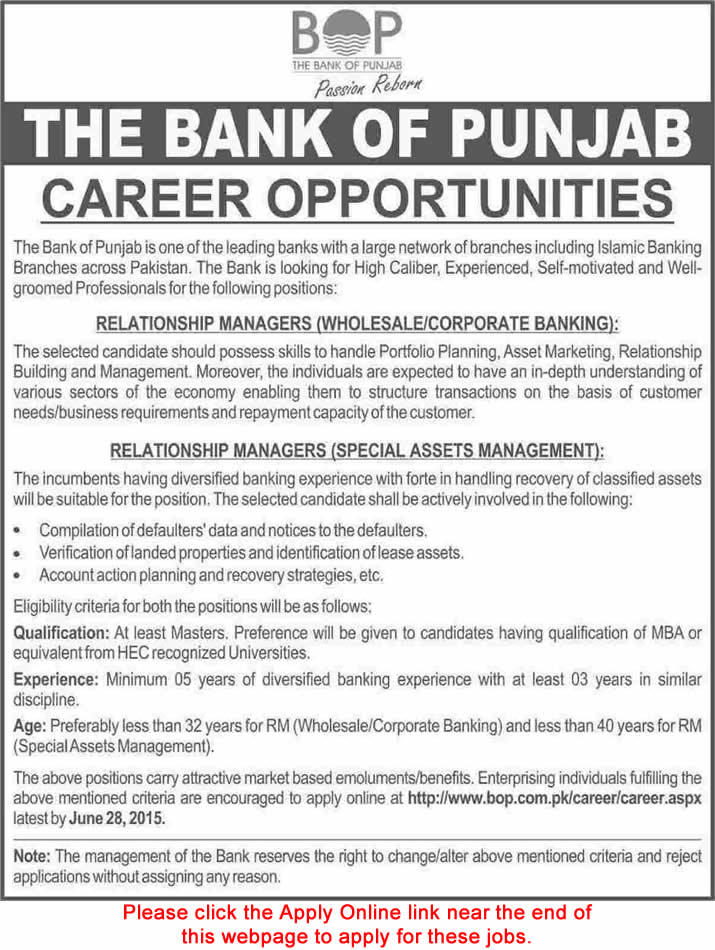 Bank of Punjab Jobs 2015 June Apply Online Relationship Managers Latest / New