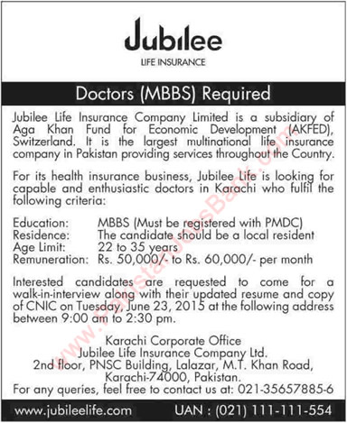 Doctor Jobs in Jubilee Life Insurance Karachi 2015 June Latest