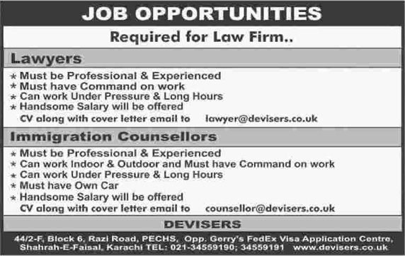 Lawyers & Immigration Counsellors Jobs in Karachi 2015 June at Devisers Law Firm