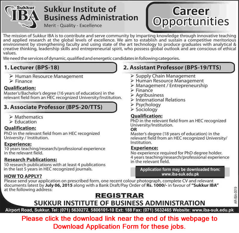 IBA Sukkur Jobs 2015 June Application Form Download Teaching Faculty / Lecturers / Professors