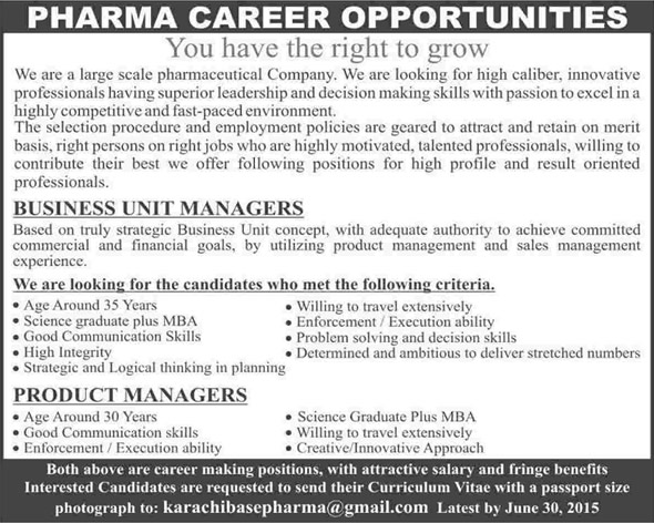 Business Unit / Product Manager & MBA / Science Graduate Jobs in Karachi 2015 June Pharmaceutical Company