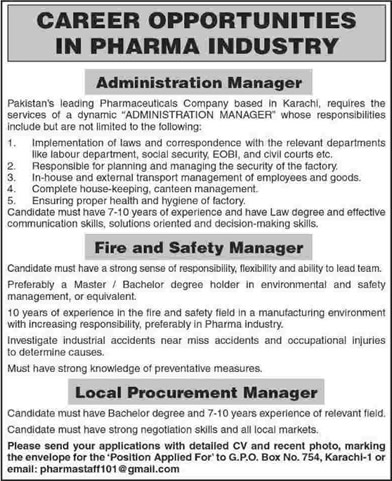 Admin / Fire & Safety / Procurement Manager Jobs in Karachi 2015 June at Pharmaceutical Company