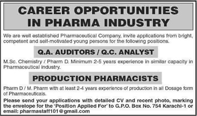 Chemist / Pharmacist Jobs in Karachi 2015 June at Pharmaceutical Company Latest