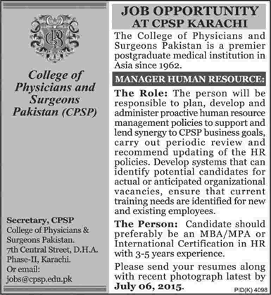 cpsp karachi jobs pakistan physicians surgeons hr manager college june july ad friends dawn