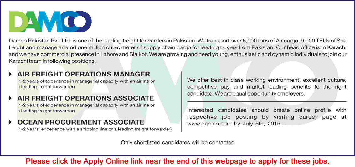 DAMCO Pakistan Jobs 2015 June / July Apply Online Air Freight Operations & Procurement Associate