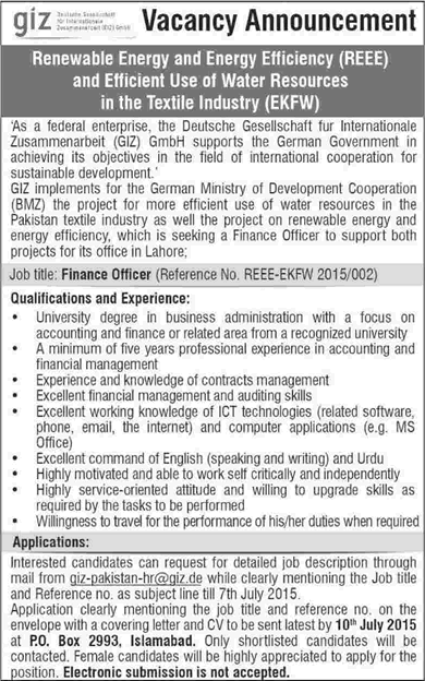 Finance Officer Jobs in GIZ Pakistan 2015 June / July Lahore REEE-EKFW Project