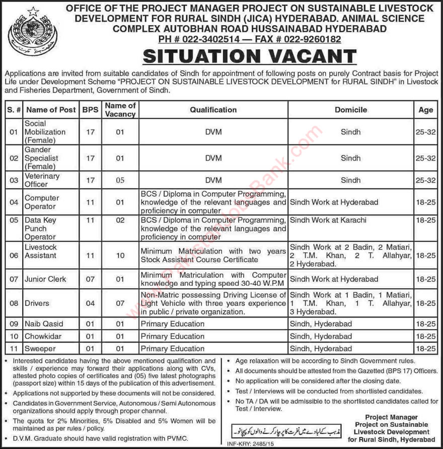 Livestock and Fisheries Department Sindh Jobs 2015 June / July Livestock Assistants, Veterinary Officers & Others