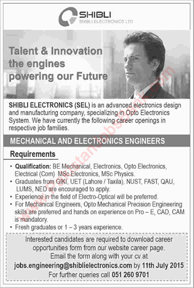 Mechanical & Electronics Engineering Jobs in Shibli Electronics Islamabad 2015 July Latest