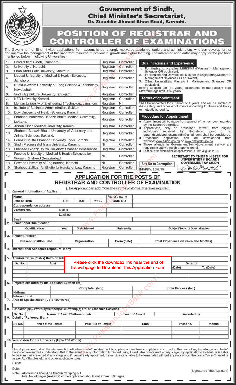 Chief Minister's Secretariat Sindh Jobs 2015 July Application Form Registrars & Controllers of Examinations