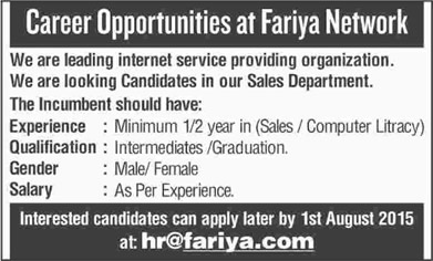 Sales and Marketing Jobs in Karachi 2015 July / August Fariya Network Latest