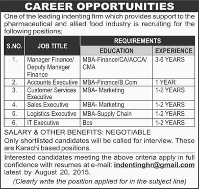 Jobs in Karachi 2015 July / August Sales / Accounts / Customer Service / Logistics / IT Executives & Finance Manager