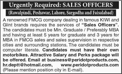 Sales Officer Jobs in Peridot Products Pvt. Ltd 2015 July / August Latest Advertisement
