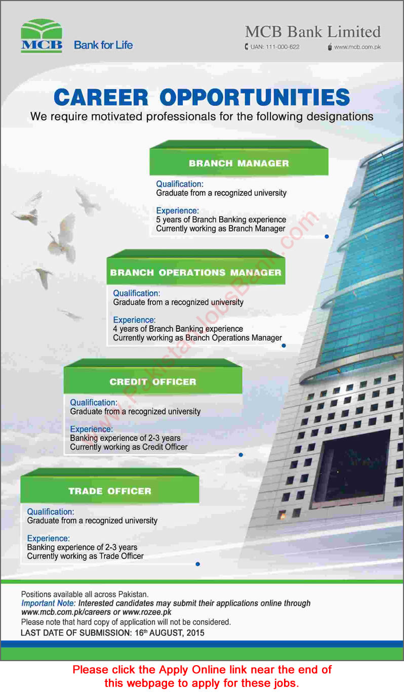 MCB Bank Jobs August 2015 Apply Online Branch / Operations Manager, Credit Officer & Trade Officer