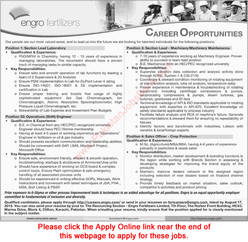 Engro Fertilizers Jobs 2015 August Apply Online Chemist, Mechanical / Chemical Engineers & Sales Officer