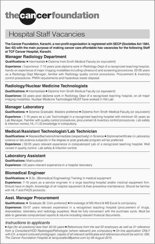 The Cancer Foundation Karachi Jobs 2015 August Medical Technologists / Technicians & Others