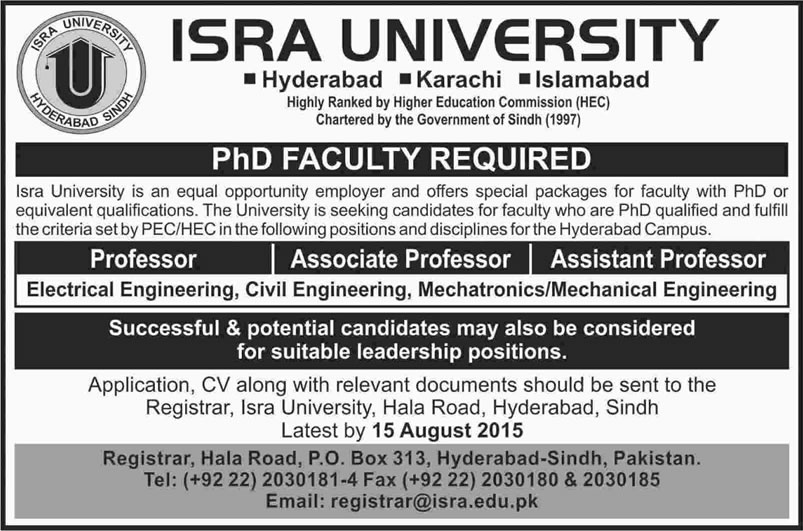 ISRA University Hyderabad Jobs 2015 August for PhD Faculty in Engineering Departments Latest